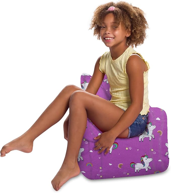 Posh Creations Structured Comfy Bean Bag Chair for Gaming, Reading, and Watching TV, Pasadena Chair, Canvas - Unicorn and Rainbows on Purple