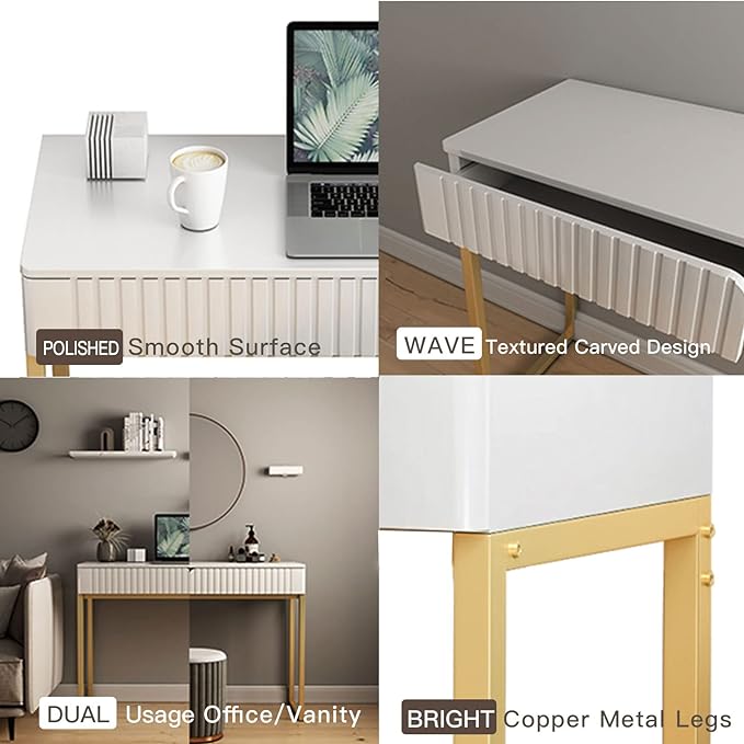 Elegant Modern Desk, 2 Drawers, Gold Legs, 43.3x15.75 inches, Home Office, Makeup Vanity, Computer, Writing, Study, Entryway, Sofa Table