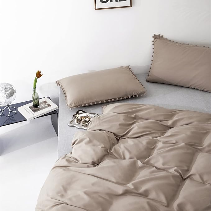 Deep Champagne Comforter Set Full Pom Pom Fringe Comforter 3 PCs Soft Taupe Boho Ball Pom Pom Full Comforter Bedding Women Men Solid Dark Khaki Full Bed Comforter Set All Season Gift