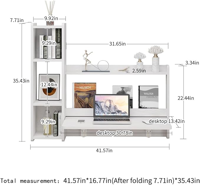 Pmnianhua Floating Desk,41'' Wall Mounted Desk Fold Down Laptop Desk Folding Space Saving Table Workstation with Storage Shelves for Bedroom Study Room Small Space (Off White-Left)