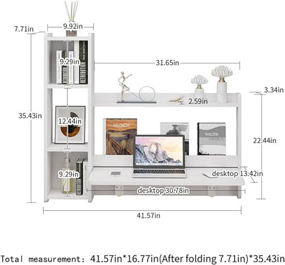 Pmnianhua Floating Desk,41'' Wall Mounted Desk Fold Down Laptop Desk Folding Space Saving Table Workstation with Storage Shelves for Bedroom Study Room Small Space (Off White-Left)
