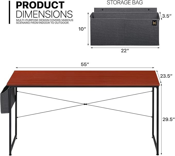 MoNiBloom Home Office Computer Desk with Storage Bag, 55" Writing Study Modern Simple Style Laptop Table, Teak Color