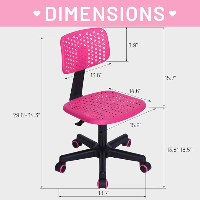 Desk Chair Armless Cute Office Chair, Low Back Rolling Home Office Task Chair Adjustable Swivel Study Chair for Girls Teens Adults Children Kids, Pink