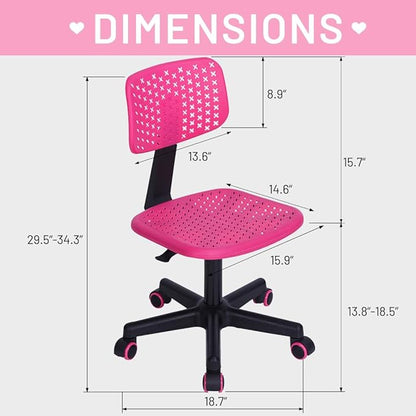 Desk Chair Armless Cute Office Chair, Low Back Rolling Home Office Task Chair Adjustable Swivel Study Chair for Girls Teens Adults Children Kids, Pink