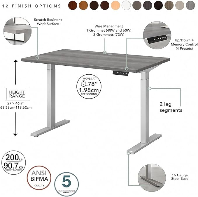 Bush Business Furniture Move 60 Series Electric Ergonomic Sit-Stand Computer Table for Home and Professional Office, 60W x 30D, Platinum Gray