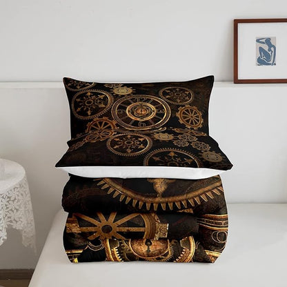 Golden Ndustrial Gear Comforter Set Twin Size Steampunk Style Bedding Set Clocks Theme Bedding Sets & Collections For Kids Boys Teens Men Mechanical Device Quilt Set,Retro Style Bedroom Decor