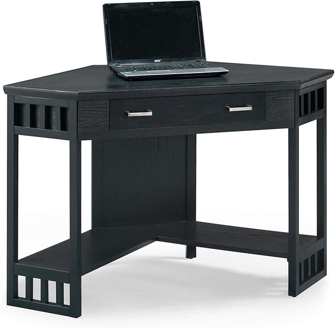 Leick Home 83430 Corner Computer/Writing Desk with Center Keyboard Drawer and Shelf, Black Oak