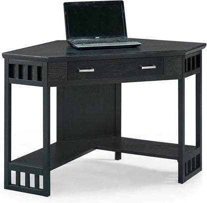 Leick Home 83430 Corner Computer/Writing Desk with Center Keyboard Drawer and Shelf, Black Oak