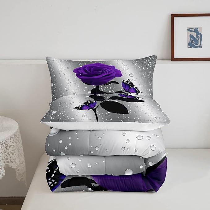3D Rose Comforter Set Rose Floral Print Bedding Set Romantic Flowers Comforter for Kids Boys Girls Children Teens Bedroom Decor Purple Rose Butterfly Duvet Set King Size Quilt Set With 2 Pillow Case