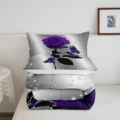 3D Rose Comforter Set Rose Floral Print Bedding Set Romantic Flowers Comforter for Kids Boys Girls Children Teens Bedroom Decor Purple Rose Butterfly Duvet Set King Size Quilt Set With 2 Pillow Case