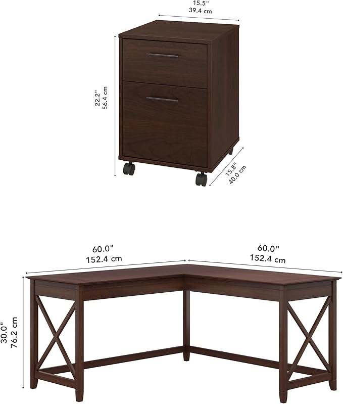 Bush Furniture Key West 60W L Shaped Desk with 2 Drawer Mobile File Cabinet in Bing Cherry