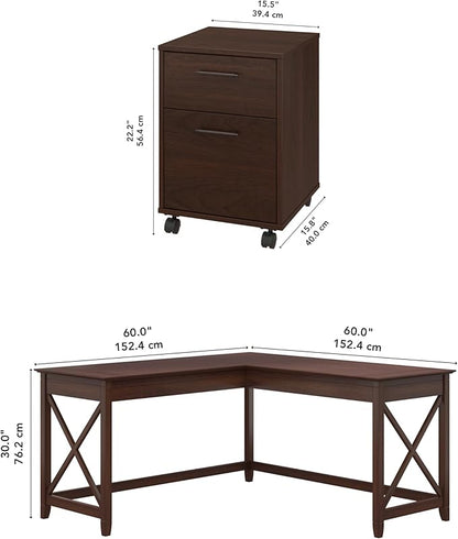 Bush Furniture Key West 60W L Shaped Desk with 2 Drawer Mobile File Cabinet in Bing Cherry