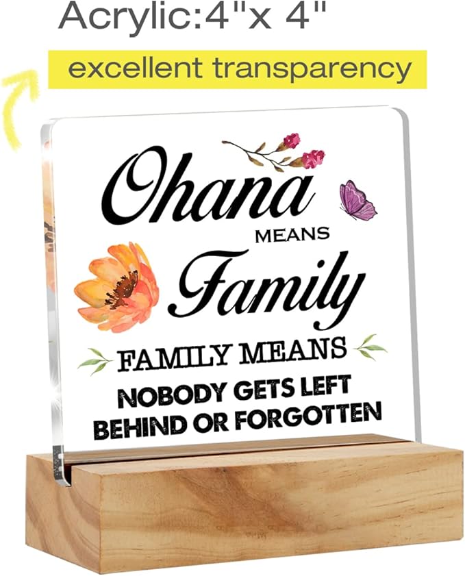 Family Quote Ohana Means Family Desk Decor Acrylic Desk Sign Acrylic Plaque Home Office Living Room Desk Shelf Decoration Gift 4.7"x4.7"
