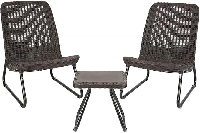 Keter Rio 3 Piece Resin Wicker Patio Furniture Set with Side Table and Outdoor Chairs, Brown