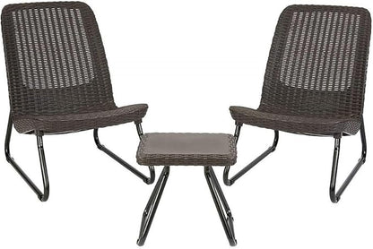 Keter Rio 3 Piece Resin Wicker Patio Furniture Set with Side Table and Outdoor Chairs, Brown