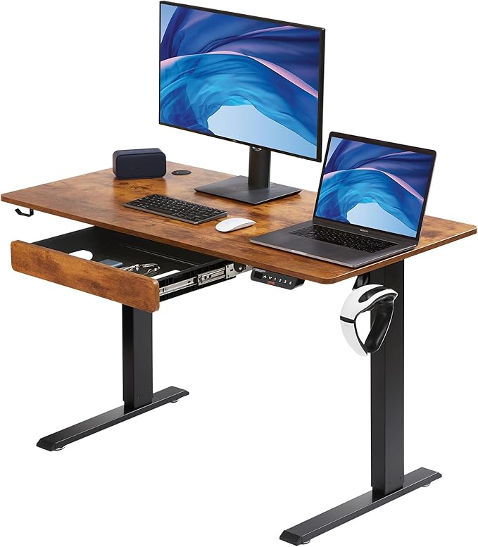 VEVOR Height Adjustable Desk, 47.2 x 23.6 in with Drawer, 3-Key Modes Electric Standing Desk,Whole Piece Desk Board, Dual Metal Frame, 180 LBS Capacity Computer Sit Stand up Desk, for Home and Office