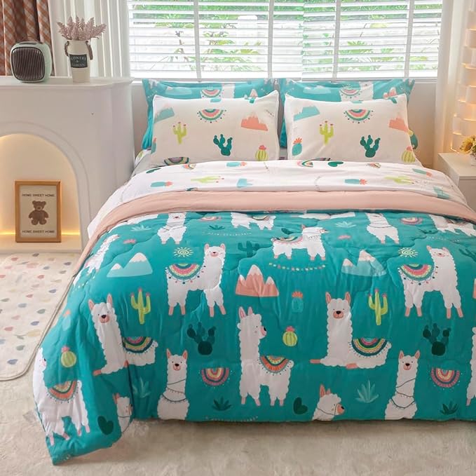 Wajade Kids Llama Comforter Set Bed in A Bag Queen Size 7 Piece Cute Alpaca Tropical Plant Cactus Bedding Set for Girls Boys (1 Comforter, 1 Flat Sheet, 1 Fitted Sheet, 2 Pillowcase and 2 Pillow Sham)