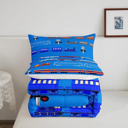 Erosebridal Train King Comforter Set for Boys,Cartoon Car Bedding Set for Kids Boys Girls Toddler,Vintage Car Down Comforter,Retro Steam Railway Rail Traffic Light Duvet Set Bedroom Decor,Blue 3Pcs