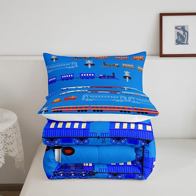 Erosebridal Train Twin Comforter Set for Boys,Cartoon Car Bedding Set for Kids Boys Girls Toddler,Vintage Car Down Comforter,Retro Steam Railway Rail Traffic Light Duvet Set Bedroom Decor,Blue 2Pcs