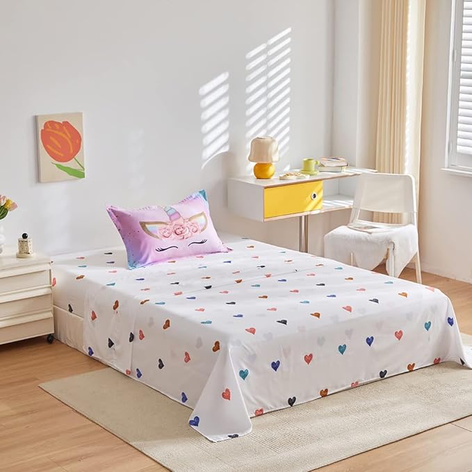 ADASMILE A & S Twin Unicorn Comforter Sets for Girls 6 Pieces Pink Floral Unicorn Bedding Set with Colorful Cute Love Heart Sheets Twin for Girls Unicorn Bed in a Bag Comforter for Home Decor