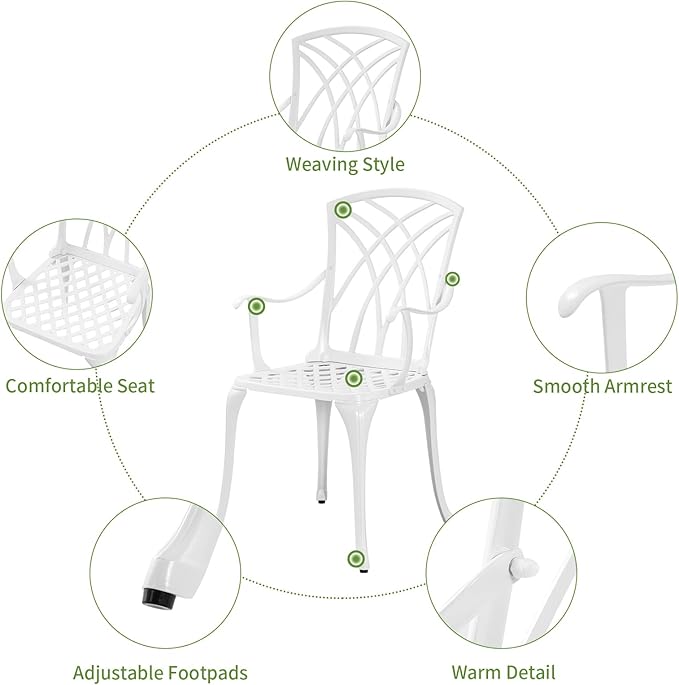 White Bistro Table and Chairs Set of 2, Cast Aluminum White Bistro Set Outdoor, Patio Bistro Sets with Umbrella Hole, Round Back Yard Set for Porch Balcony Garden