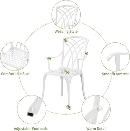 White Bistro Table and Chairs Set of 2, Cast Aluminum White Bistro Set Outdoor, Patio Bistro Sets with Umbrella Hole, Round Back Yard Set for Porch Balcony Garden