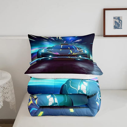 Erosebridal Racing Car Comforter Set Twin Size Racing Game Duvet Set Speed Car Quilt Set Extreme Sports Bedding Set for Kids Boys Teens Young Man Adult Gifts Kids Car Theme Room Decorative