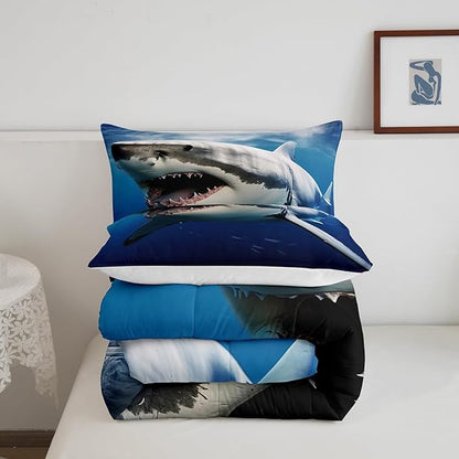 Kids Comforter Set for Boys Girls,3D Shark Fish Down Comforter 2 Piece Hawaiian Beach Theme Bedding Quilted Duvet Set Ocean Sea Animal Pattern Blue Duvet Insert for Toddler Teen Bedroom Decor,Twin