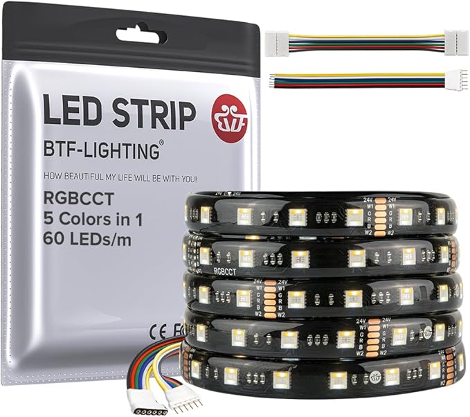 BTF-LIGHTING RGBCCT 5 Colors in 1 LED 5050SMD RGBWW RGB+Dimmable Tunable Color Temperature 2700K-6500K 16.4ft 60LEDs/m 300LEDs DC24V Multi-Colored Lights IP65 for Decoration(No Adapter or Controller)