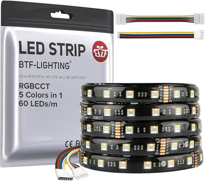 BTF-LIGHTING RGBCCT 5 Colors in 1 LED 5050SMD RGBWW RGB+Dimmable Tunable Color Temperature 2700K-6500K 16.4ft 60LEDs/m 300LEDs DC24V Multi-Colored Lights IP65 for Decoration(No Adapter or Controller)