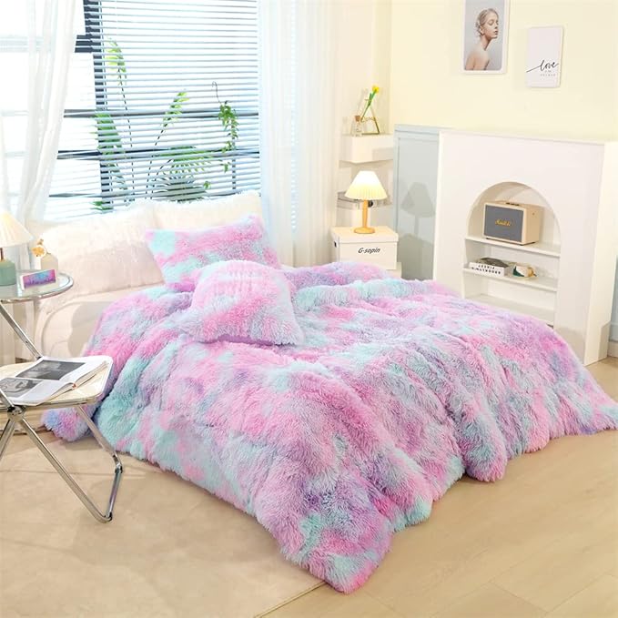 Faux Fur Kids Girls Purple Rainbow Comforter Sets King - 3PC Bed Set Warm Comfortable Soft Plush Flannel Velvet Fluffy Fuzzy Bedding（Comforter x 1 Pillowcases x 2）