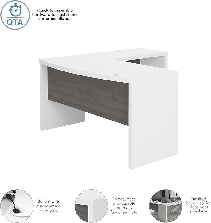 Bush Business Furniture Echo L Shape Desk with Wire Management | Corner Bow Front Table for Home Office with Quick-to-Assemble Hardware, 60W, Pure White and Modern Gray