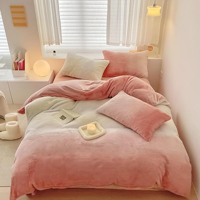 Wellboo Pink White Gradient Comforter Sets Full White and Pink Fluffy Bedding Comforters Modern Bean Pink Gradient Flannel Quilts Farmhouse Abstract Art Watercolor Comforters Sherpa Fuzzy Plush Bed