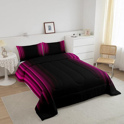 Geometric Abstract Ombre Bedding Bed Set Men Adults Teens Rose Red Black Striped Comforter Set Kids Boys Girls Simple Modern Comforter Collection 3Pcs King Size Boys