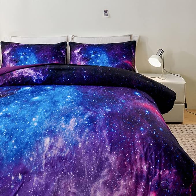 Galaxy Comforter Set,Girls Purple Bedding Set Full,Galaxy Bedding Set for Kids Girls Boys,Space Comforter Set Full with Pillowcase,Girls Full Comforter Set