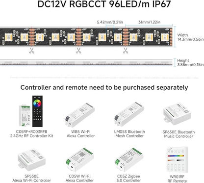 BTF-LIGHTING RGBCCT 5 Colors in 1 LED Tape Lights 5050SMD RGBWW RGB+Dimmable Color Temperature 2700K-6500K 16.4ft 96LED/m 480LED IP67 DC12V Black PCB for Home Decoration(No Adapter or Controller)