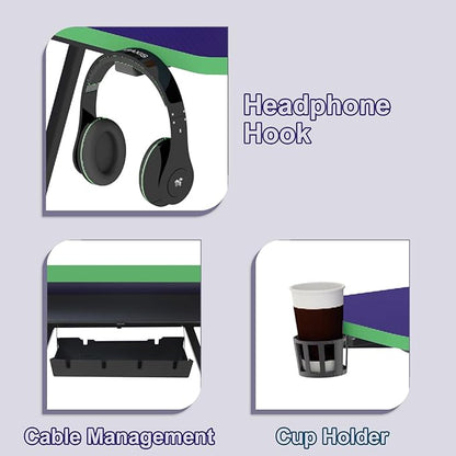 Gaming Desk 47 inch, PC Computer Desk RGB Light Gaming Table with Cup Holder, Earphone Hook, Power Strip Box, Green