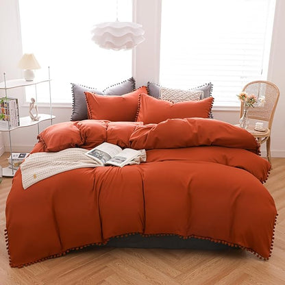 Burnt Orange Comforter Set Full Size Rust Pom Comforter 3 PCs Burnt Orange Boho Ball Pom Fringe Full Comforter Bedding Set Women Solid Terracotta Full Bed Comforter Set All Season Gift