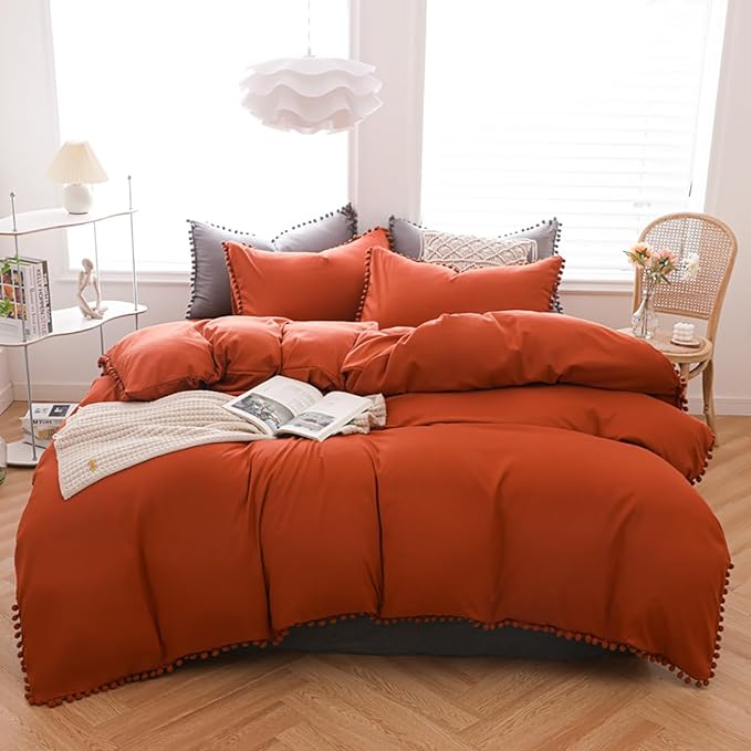 Burnt Orange Comforter Set Queen Size Rust Pom Comforter 3 PCs Burnt Orange Boho Ball Pom Fringe Queen Comforter Bedding Set Women Solid Terracotta Queen Bed Comforter Set All Season Gift