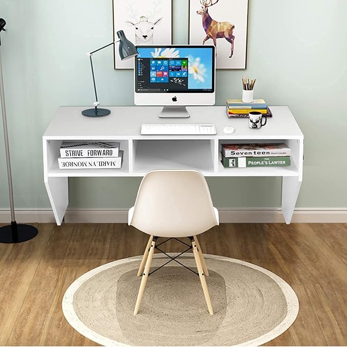 Computer Floating, Home Office Working, 42.5” Laptop Table Writing w/Storage Shelves, Modern Console Media Cabinet Wall Mounted Desk Hutch, White