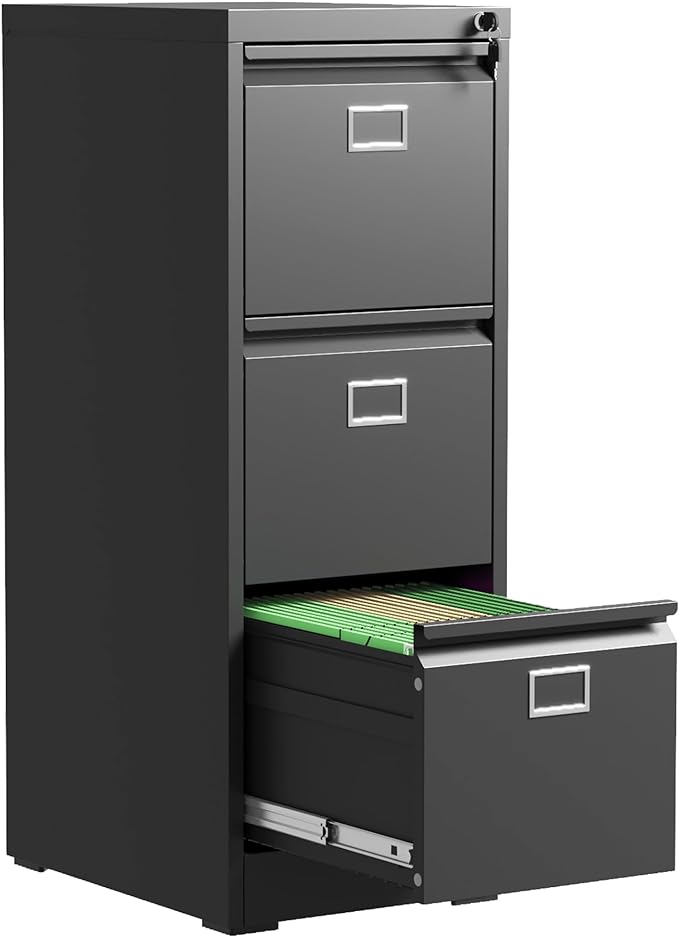 3 Drawer File Cabinet, Metal Vertical File Cabinets with Lock for Home Office, Office Steel Filing Cabinet for Hanging Files for A4/ Legal/Letter,Assembly Required (Black)