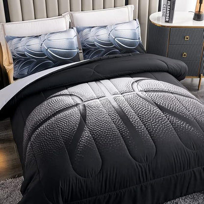 Teen Boy Comforter Set Full,Basketball Bedding Set for Kids Boys Teens,Black and Grey Sports Comforter Full with 2 Pillowcases,Basketball Comforter Full Size for Boys,All Season Use