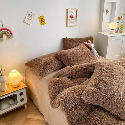 Faux Fur Kids Girls Coffee Comforter Sets Twin/Full - 3PC Bed Set Warm Comfortable Soft Plush Flannel Velvet Fluffy Fuzzy Bedding（Comforter x 1 Pillowcases x 2）