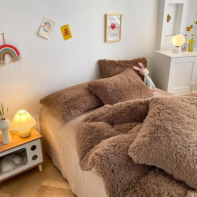 Faux Fur Kids Girls Coffee Comforter Sets King - 3PC Bed Set Warm Comfortable Soft Plush Flannel Velvet Fluffy Fuzzy Bedding（Comforter x 1 Pillowcases x 2）