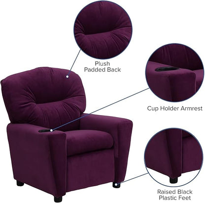 Flash Furniture Chandler Microfiber Kids Recliner with Cup Holder and Safety Recline, Contemporary Reclining Chair for Kids, Supports up to 90 lbs., Purple