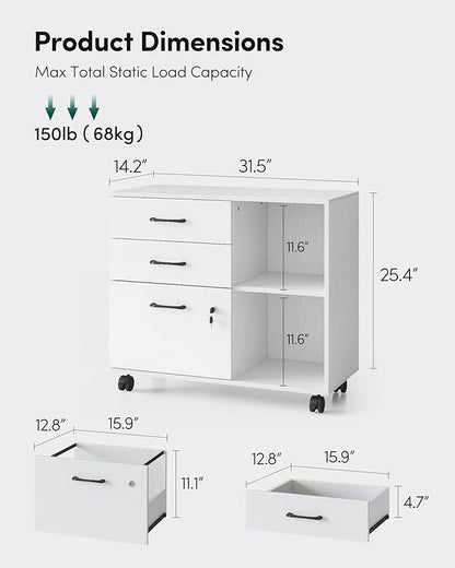 FEZIBO 3-Drawer Mobile File Cabinet, Lateral Filing Cabinet with Lock, Printer Stand with Open Storage Shelves for Home Office, Filing Cabinets for Home Office, White