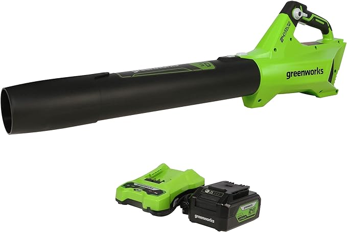 Greenworks 24V (110 MPH / 450 CFM / 125+ Compatible Tools) Cordless Brushless Axial Leaf Blower, 4.0Ah Battery and Charger Included