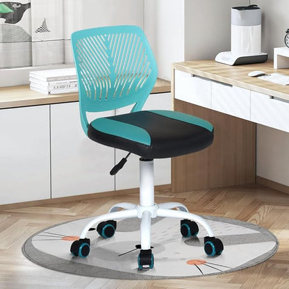 FurnitureR Desk Chair Small Study Chairs Armless for Child Kids Teens, Swivel Rolling Lightweight Task Chair with Wheels and Pu Leather Padded Cushion, Green/Black
