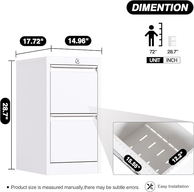2 Drawers Vertical File Cabinet, Metal Lockable Filing Cabinet, Office File Storage Cabinet for A4 Letter/Legal Size, Assembly Required (White)