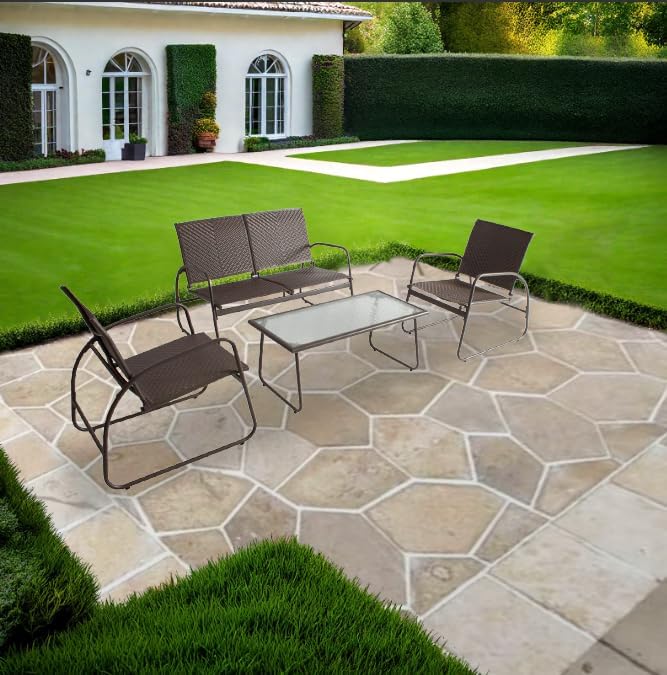 Mapleleaf 4 Pieces Rattan Patio Furniture Set, Outdoor Wicker Conversation Sofa Set, Rattan Chair and Glass Coffee Table for Yard, Pool or Backyard (Brown)